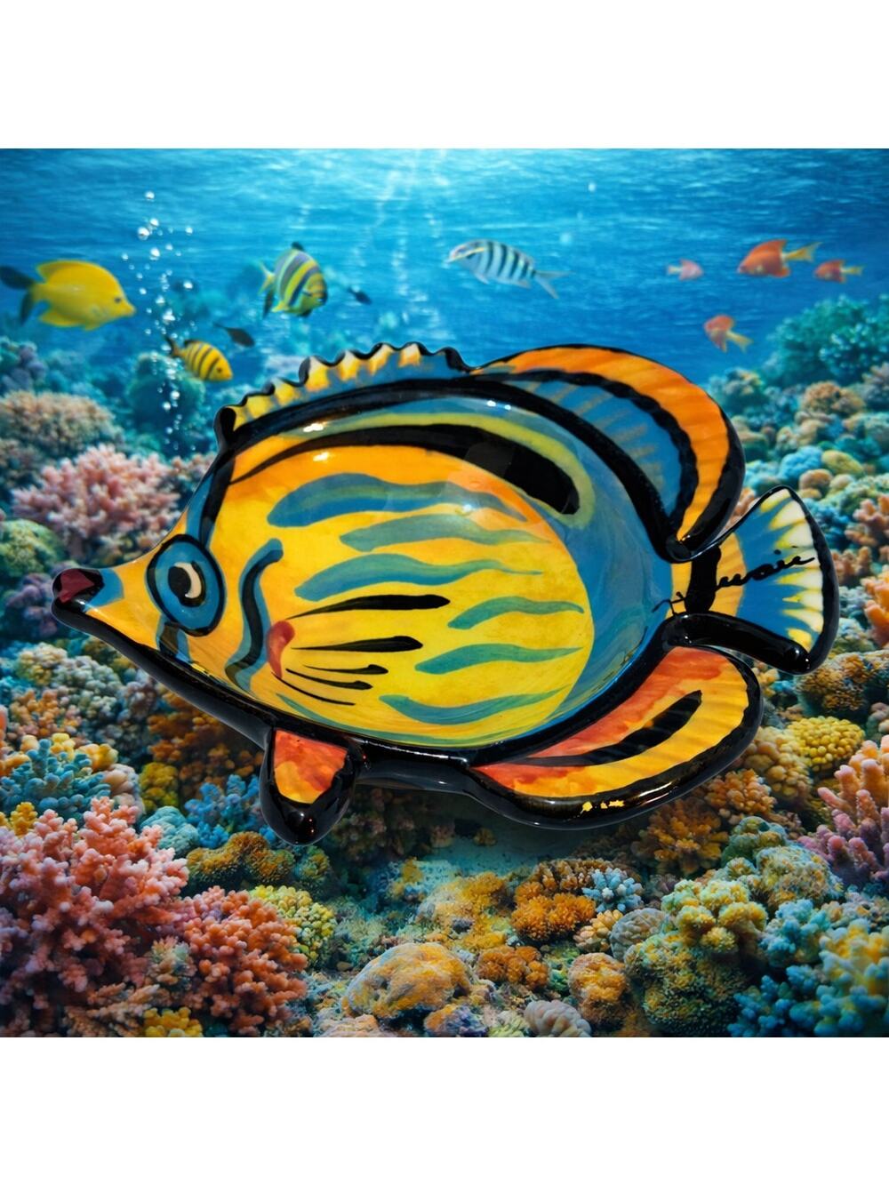 Ben Diller 1999 Ceramic Butterfly Fish Tidbit Bowl Mauii Hawaii 5.5" Long